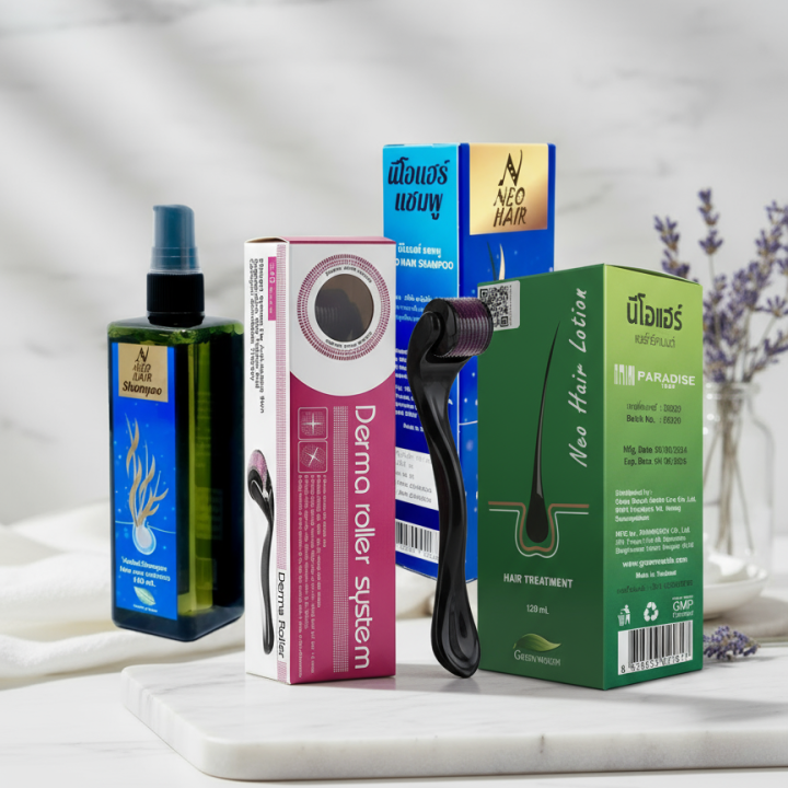 Neo Hair Complete Growth Set | Lotion + Shampoo + Derma Roller | Anti Hair Loss & Hair Regrowth Solution – Made in Thailand